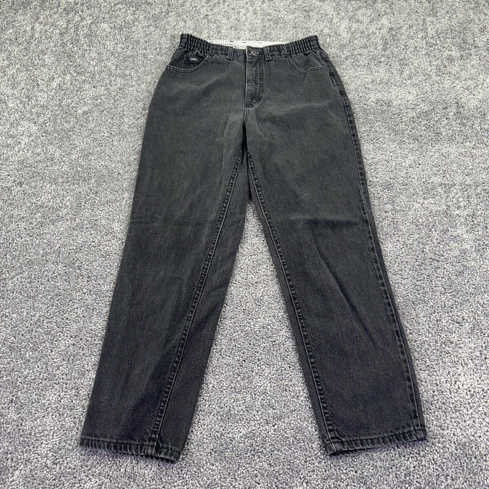 Vtg Lee Jeans Womens 10P Black Relaxed Tapered High Rise Dark Wash Denim Elastic